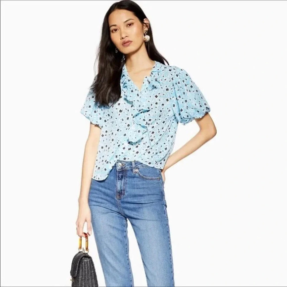 TopShop Blue Ruffle Floral Tea Top Blouse 6 Flower - Picture 2 of 6